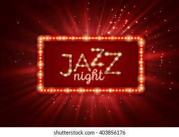 Jazz, Blues Music Poster, Flyer Template. Red Vintage Light Banner Vector Illustration. Shining Retro Frame. Jazz Night, Event, Festival, Show, Party.