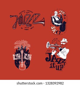 Jazz and blues music t-shirt design set: Jazz trumpet letters, jazz is saxy saxophone player, Blues is the roots - the rest is the fruits, jazz it up trumpet player. Music print set.