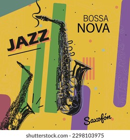 Jazz, bossa nova, colorful style vector of a saxophone, art studio design