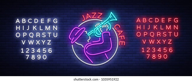 Jazz cafe logo in neon style. Neon sign symbol, emblem, light banner, luminous sign. Bright Neon Advertising for Jazz Club, Cafe, Restaurant, Bar, Party. Vector illustration. Editing text neon sign