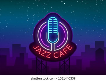 Jazz cafe is a neon sign. Symbol, neon-style logo, bright night banner, luminous advertising on Jazz music for Jazz cafe, restaurant, bar, party, concert. Vector illustration. Editing text neon sign