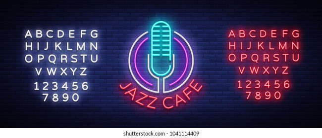 El café de jazz es un signo de neón. Símbolo, logo estilo neón, banner nocturno, publicidad sobre música jazz para el Jazz café, restaurante, bar, fiesta, concierto. Plantilla de diseño. Ilustración vectorial. Editar signo de neón de texto