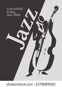 jazz cellist black and white poster. Advertisement of a postcard of a musical event. Vector flat illustration