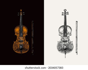 Jazz cello and bow in monochrome engraved vintage style. Hand drawn violoncello sketch for blues and ragtime festival poster. Musical classical stringed instrument.