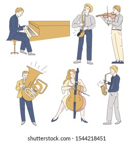 Jazz or classic music show musicians and musical instruments, orchestra vector isolated characters. Man and woman, saxophone and trumpet, cello and piano. Violin concert, musical composition