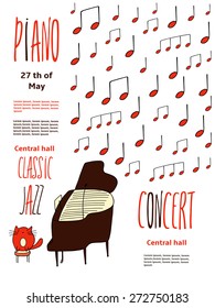 Jazz, classical or any other piano concert invitation card with doodle piano, notes and cute cat on the chair