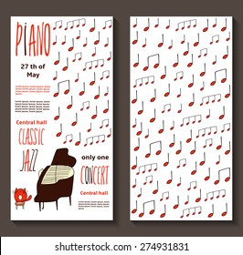 Jazz, classical or any other piano concert invitation card with doodle piano, notes and cute cat on the chair