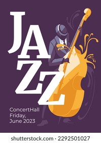 Jazz and classical music event poster design concept. Cellist musician among applause. Abstract decorative background. Vector flat illustration