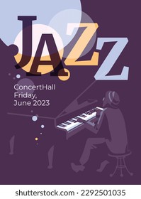 Diseño de afiches para eventos de jazz y música clásica. Pianista sobre el fondo decorativo abstracto de la tipografía. Ilustración plana del vector