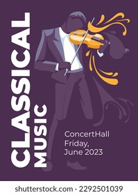 Jazz and classical music event poster design concept. Musician-violin among applause. Abstract decorative background. Vector flat illustration