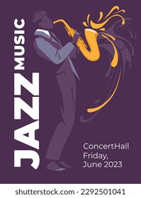 Jazz and classical music event poster design concept. Saxophonist musician in the splash. Abstract decorative background. Vector flat illustration