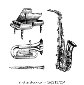 Jazz classical wind instruments. Musical Saxophone Tuba and Grand Piano. Hand drawn monochrome engraved vintage sketch.
