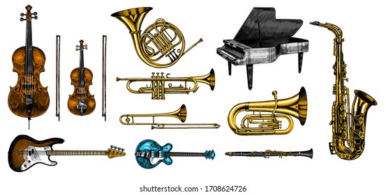 Instrumentos de viento clásicos de jazz. Trompeta de trombón musical guitarra flauta de tocino semiacústico cuerno francés saxofón Cello Tuba Violin Piano. Dibujo de cosecha de vintage con grabado monocromo.