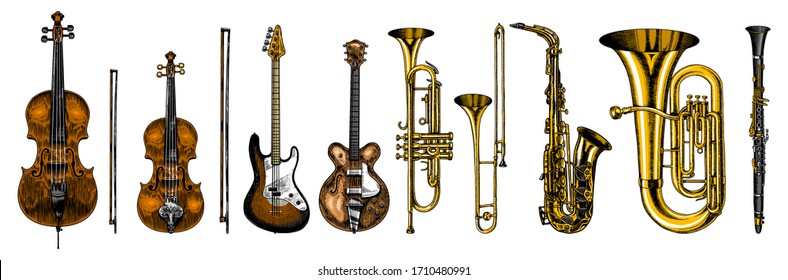 Jazz classical wind instruments set. Musical Trombone Trumpet Flute Bass guitar Semi-acoustic French horn Saxophone Cello Tuba Violin. Hand drawn monochrome engraved vintage sketch.