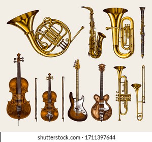 Jazz klassische Windinstrumente Set. Musical Trombone Trumpet Flute Bass Gitarre Semi-akustische Französisch Horn Saxophone Cello Tuba Violine. Handgezeichnete, monochrome, gravierte Vintage-Skizze.