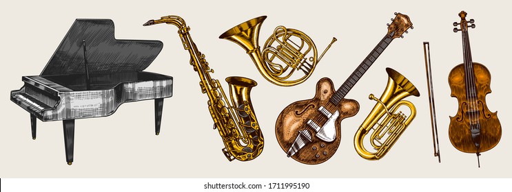 Jazz classical wind instruments set. Musical Trombone Trumpet Flute Bass guitar Semi-acoustic French horn Saxophone Cello Tuba Violin. Hand drawn monochrome engraved vintage sketch.