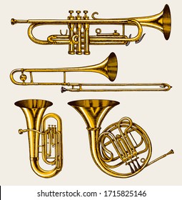 Jazz classical wind instruments set. Musical Trombone Trumpet Flute French horn Saxophone. Hand drawn monochrome engraved vintage sketch.