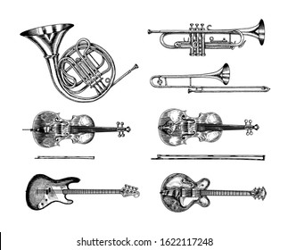 Jazz classical wind and stringed instruments set. Musical Trombone Trumpet Flute Bass guitar Semi-acoustic French horn Cello Tuba Violin. Hand drawn monochrome engraved vintage sketch.