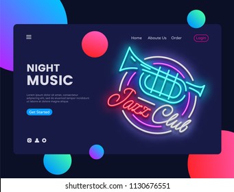 Jazz Club concept banner. Jazz Music Neon Sign, can use for web banner, infographics, website template. Jazz Party Invitation. Vector illustration isolated