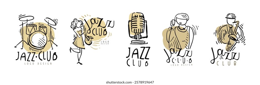 Jazz Club Logo Design with Hand Drawn Element Vector Set