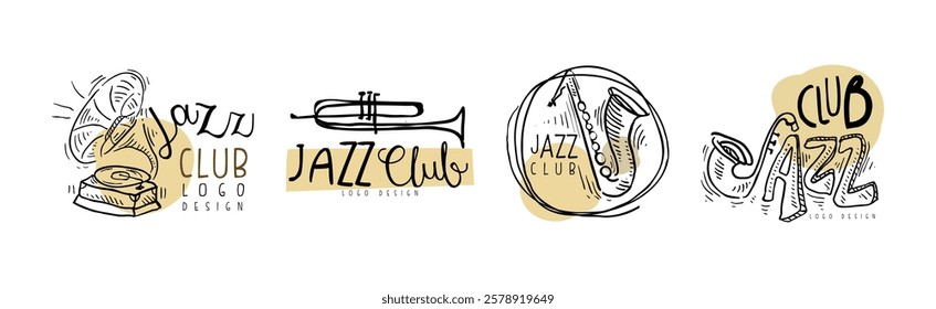 Jazz Club Logo Design with Hand Drawn Element Vector Set