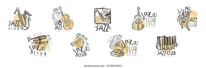 Jazz Club Logo Design with Hand Drawn Element Vector Set