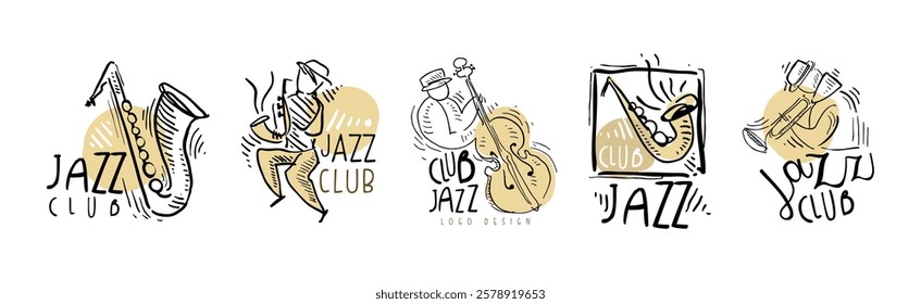 Jazz Club Logo Design with Hand Drawn Element Vector Set