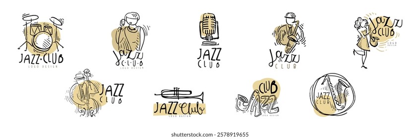 Jazz Club Logo Design with Hand Drawn Element Vector Set