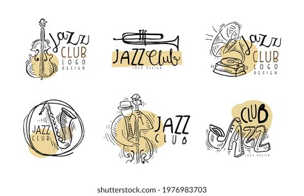 Jazz Club Logo Design with Musical Instrument Vector Set