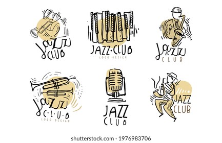 Jazz Club Logo Design with Musical Instrument Vector Set