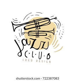 Jazz club logo design, vintage music label with trumpets, element for flyer, card, leaflet or banner, hand drawn vector Illustration