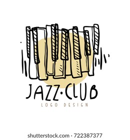 Jazz club logo design, vintage music label with piano keyboard, element for flyer, card, leaflet or banner, hand drawn vector Illustration