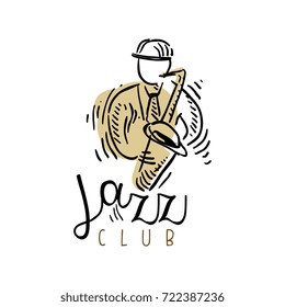 Jazz club logo, vintage music label, element for flyer, card, leaflet or banner, hand drawn vector Illustration