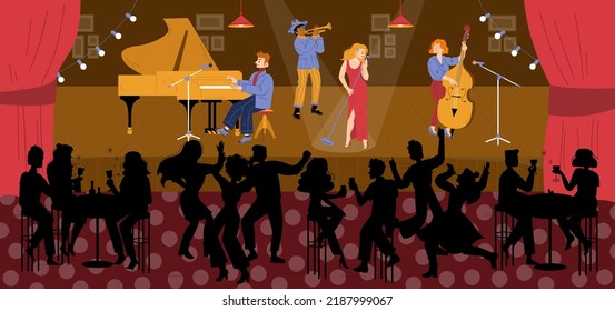 Jazz Club With Music Band On Stage And People Dance And Drink Wine. Vector Flat Illustration Of Live Concert In Cafe Or Restaurant With Musicians And Singer On Scene And Dancers Silhouettes