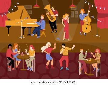 Jazz club musical concert, people sit at tables listen entertainment with artists performing on scene. Visitors dance and enjoying music, woman sing with microphone, cartoon flat vector illustration