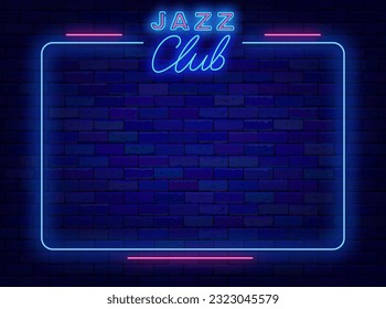Jazz club neon announcement. Blue frame with lines. Space for text. Shiny lettering. Saxophone music festival event. Simple banner on brick wall. Bright flyer. Glowing poster. Vector stock illustratio