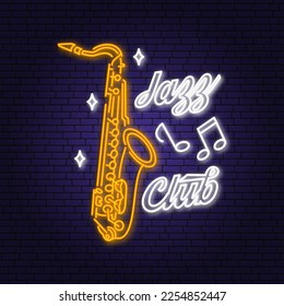 Jazz Club Neonposter, Banner. Neonschild, Emblem, helles Schild, helles Banner mit Retro-Saxophon. Vektorgrafik. Werbung heller Neon für Nachtclub. Design-Vorlage