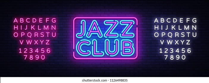 Jazz Club neon sign vector. Jazz Music design template neon sign, light banner, neon signboard, nightly bright advertising. Vector illustration. Editing text neon sign