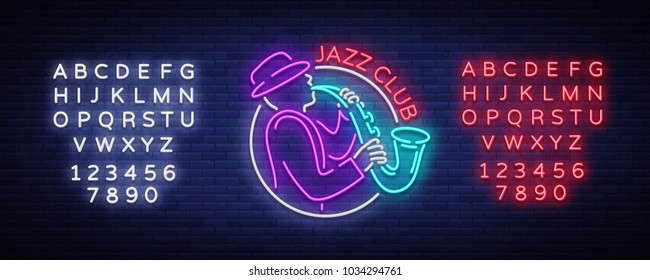 Jazz Club Neon Vector. Neon sign, Logo, Brilliant Banner, Bright Night Advertising for your projects on Jazz Music. Live music. Editing text neon sign