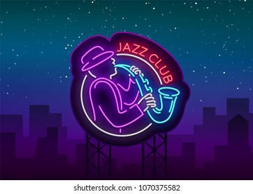 Jazz Club Neon Vector. Neon sign, Logo, Brilliant Banner, Bright Night Advertising for your projects on Jazz Music. Live music