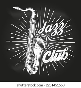 Club de Jazz, afiche de música retro, pancarta en pizarra. Saxofón retro con diseño de tipografía vintage de explosión de sol para camisetas, emblema, logotipo, diseño de placa. Ilustración del vector