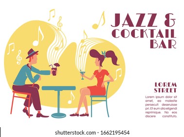 Jazz and cocktail bar banner flat vector template. Retro cafe. 50s style party invitation. Brochure, poster concept design with cartoon characters. Horizontal flyer, leaflet with place for text