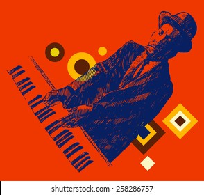 JAZZ concept, man playing the synthesizer, music vintage illustration, engraved retro style, hand drawn, sketch