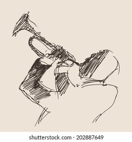 JAZZ concept, man playing the trumpet, music vintage illustration, engraved retro style, hand drawn, sketch