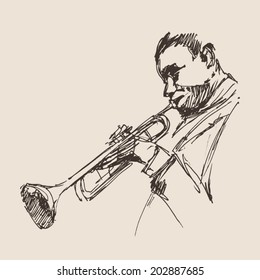 JAZZ concept, man playing the trumpet, music vintage illustration, engraved retro style, hand drawn, sketch