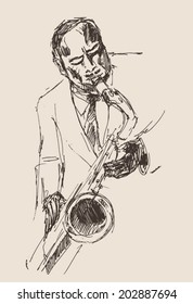 JAZZ concept, man playing the trumpet, music vintage illustration, engraved retro style, hand drawn, sketch
