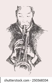 JAZZ concept, man playing the trumpet, music vintage illustration, engraved retro style, hand drawn, sketch