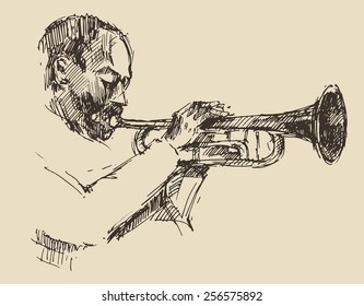 JAZZ concept, man playing the trumpet, music vintage illustration, engraved retro style, hand drawn, sketch