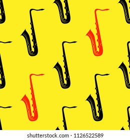 Jazz concept. Saxophone. Seamless pattern. Black and red elements. Yellow background