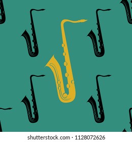 Jazz concept. Saxophone. Seamless pattern. Black and yellow elements. Green background